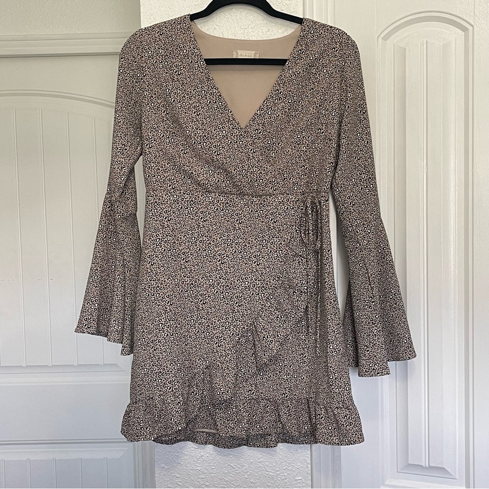 Altar'd State Dress Small Animal Print Mini Wrap Bell Sleeves Tan Polyester